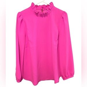 J. Crew Ruffle Neck Crepe Long Sleeve Keyhole Hot Pink Blouse - Small, Women’s